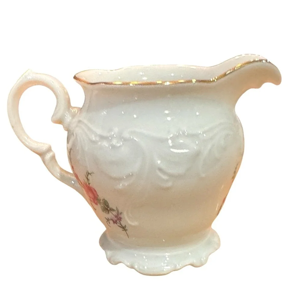 Wavel Poland Vintage Floral Porcelain Creamer Pitcher Pink Roses Gold Trim